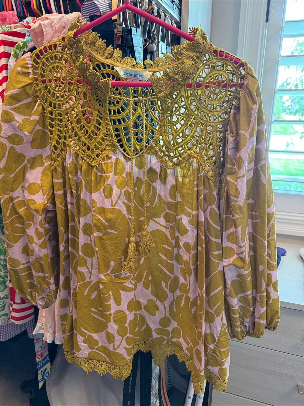 Sundance Olive & Light Pink Crochet-Trim Floral Peasant Blouse